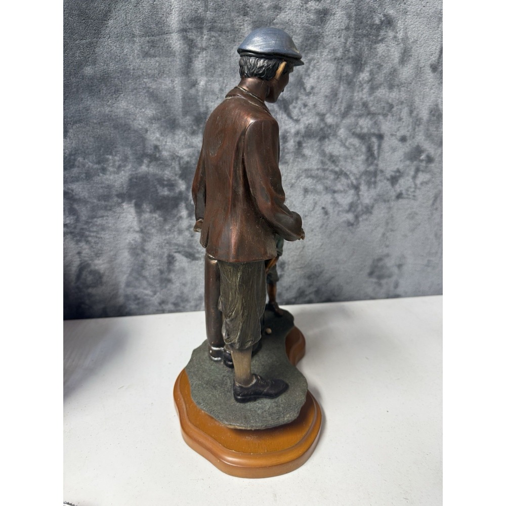 Vintage Bronze Finish Golfer and Caddie Boy Statue Figurine on Wooden Base - Picture 2 of 5